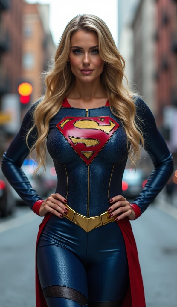 ultra realistic, photography, long straight blonde hair, (wavy elegant hair, blue eyes, perfect round lips, 30 years old, gorgeous face, voluptuous figure, perfect fit body, big enhanced breasts), Long eyelashes, ((best quality, 8 thousand, masterpiece:1.4)), Highly detailed face and skin textures, detailed eyes, she is wearing a tight and sexy Supergirl costume and standing in the Streets of Manhattan with her hands on her hips, full body picture