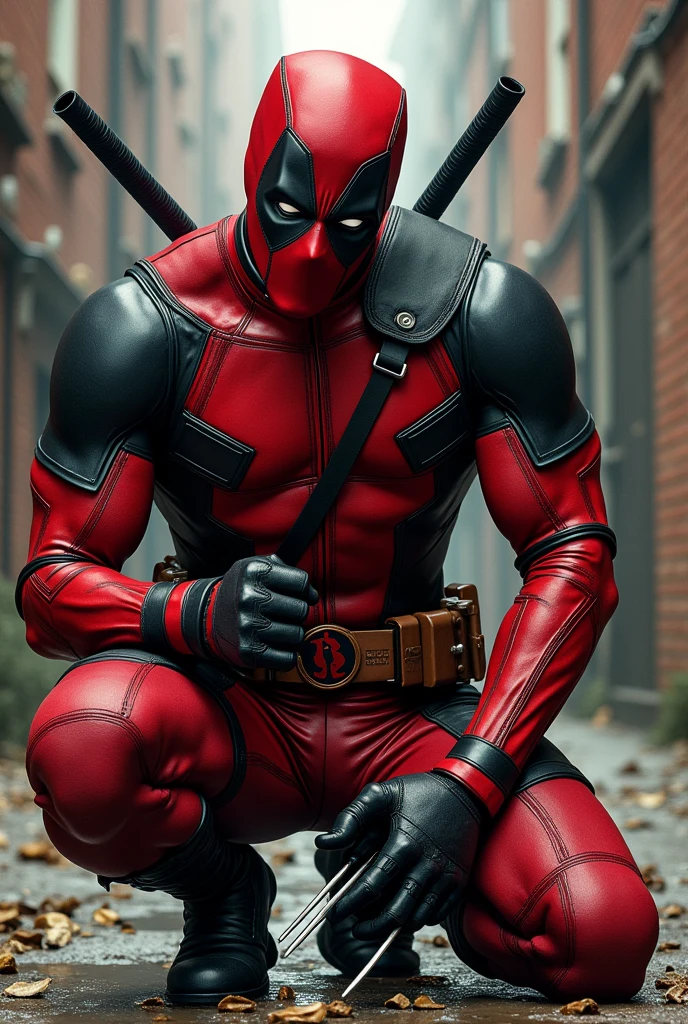 Deadpool knelt down and squeezed worlverine's cock hard.