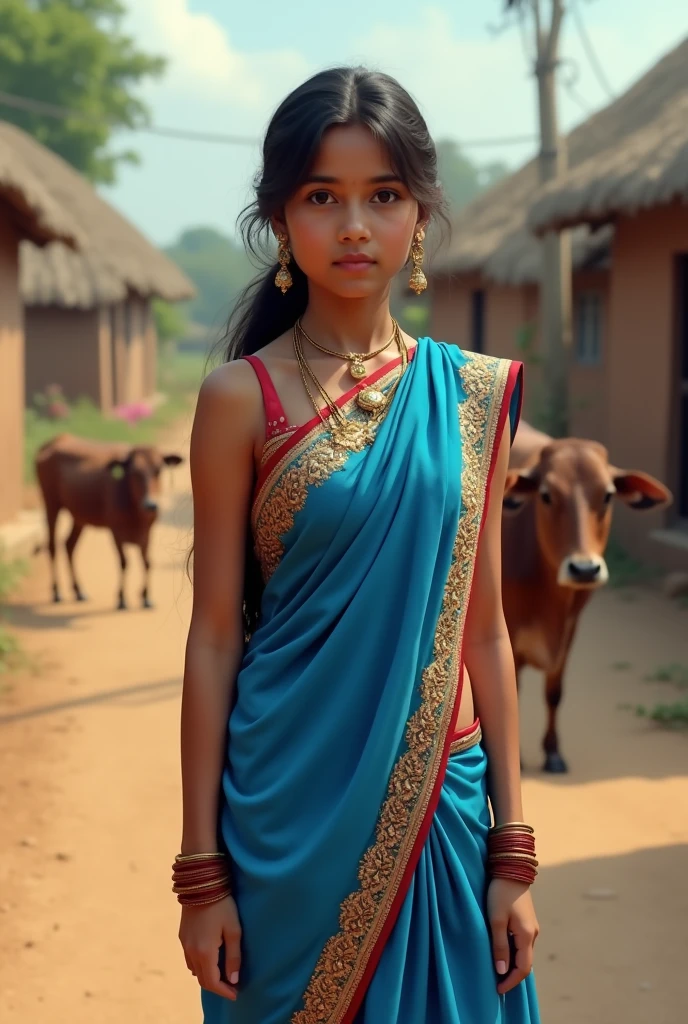 A girl standing wearing Indian traditional dresss blue ... realistic..... background village and cows