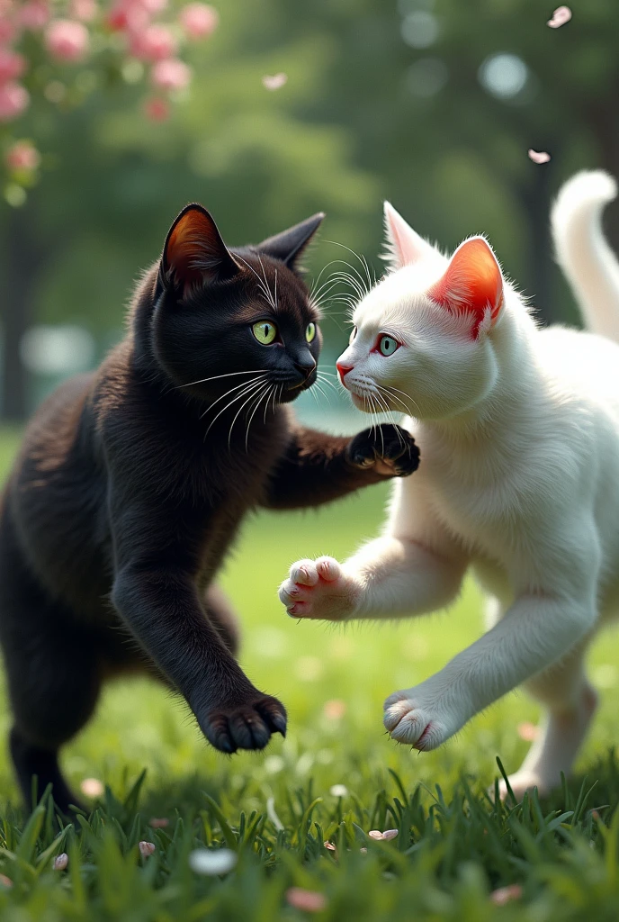 The black cat attacks the white beautiful cat in the garden 