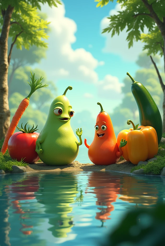 Generate an image of a chayote talking to other vegetables in the presence of water in the background