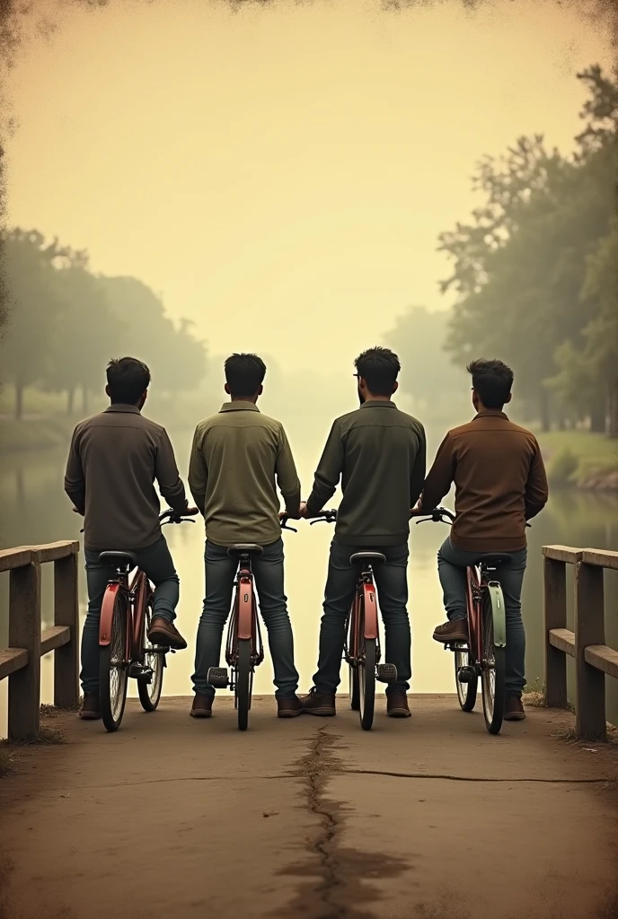 Creat an image of four friends
1st one name is Hamza ,his height is 6.1
Other name is zeshan ,his height is about to 6.4
Thrid one is Ahmad 6.0
Fourth is talha height is 5.11
Standing on the bridge of the canal
Without showing their faces
Make image vintage in brown
Shwoing their back side
The weather was cloudy
and they are with their cycles