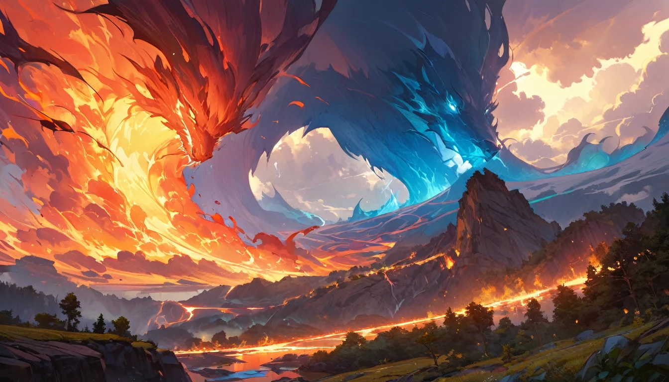 best quality,4k,8k,highres,masterpiece:1.2),ultra-detailed, (large masterpiece digital art), (detailed manga illustration), (detailed line art), cinematic lighting, (intricate details:1.3), (ultra-detailed:1.3), (illustration:1.3), (sharp focus:1.3), (natural lighting:1.05), (vivid colors:1.3), (masterpiece), (best quality:1.4), dynamic lighting, high quality, The Chaotic Empyrean Dominion of Dracosphere is a realm of stark contrasts and breathtaking beauty. The skies are often painted with storms of swirling colors, casting vibrant hues across landscapes filled with both chaotic energy and serene elemental harmony. Towering peaks with molten summits pierce the sky, while lush forests with trees ablaze in ethereal flames stretch across vast plains. Rivers of liquid fire flow alongside streams of shimmering crystal, and the air is alive with the roar of dragons and the whispers of arcane magic., cinematic lighting, dramatic atmosphere, Atey Ghailan, Jeremy Mann, Greg Manchess, Antonio Moro, trend in ArtStation, trend in CGSociety, Intricate, High Detail, Sharp focus, dramatic and photorealistic painting art by Midjourney and Greg Rutkowski, Jeff Bridges, ((cartoon style)), Marvel Cinematic Universe style,