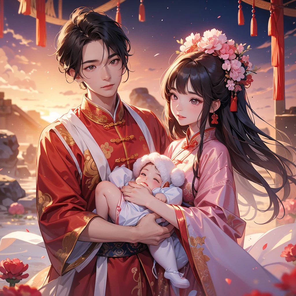 A one-year-old baby boy in an ancient Chinese baby costume with his beautiful mother, dressed in an ancient Chinese costume, Standing in the middle of pink carnations, There are some floating clouds, playing with each other, with his handsome father standing next to his mother, close up. Sunset.