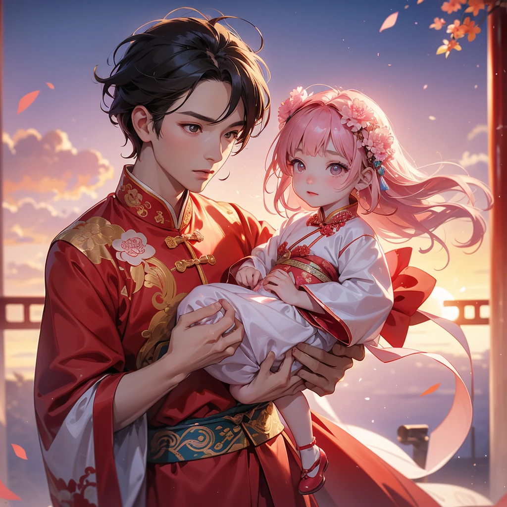 A one-year-old baby boy in an ancient Chinese baby costume with his beautiful mother, dressed in an ancient Chinese costume, Standing in the middle of pink carnations, There are some floating clouds, playing with each other, with his handsome father standing next to his mother, close up. Sunset.