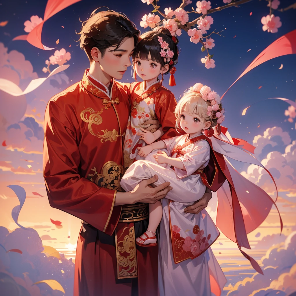 A -yead bab an ancient Chinese baby costume wiis beautiful mother, dressed in an ancient Chinese costume, Standing in the middle of pink carnations, There are some floating clouds, playing with each other, with his handsome father standing next to his mother, close up. Sunset.