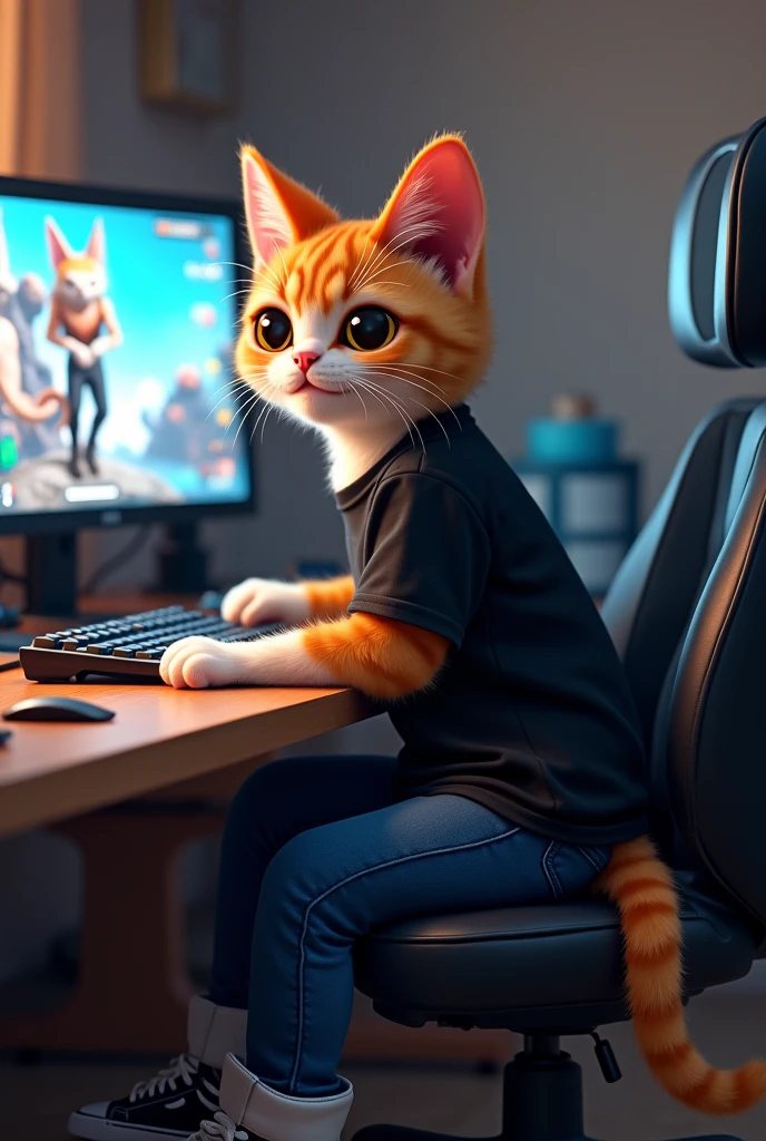 A cat in casual clothes，Sitting at the computer desk，Focus on keyboard and mouse，The screen shows《Black myth Goku》Game screen。Cat standing on two feet，Wearing a black T-shirt and jeans，Wear a pair of sneakers on your feet。