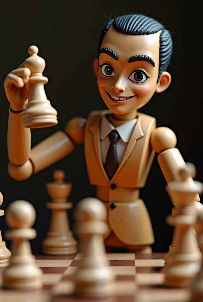 a wooden doll who is the president of Indonesia "Jokowi dodo" is playing chess lifting a chess piece and sly smile