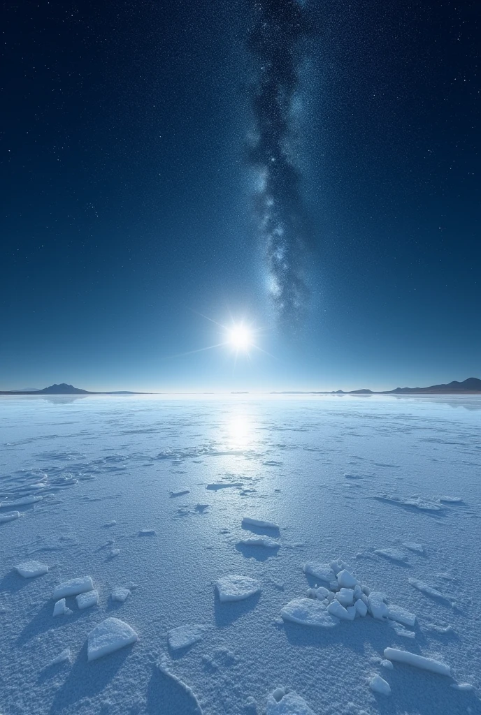 ((masterpiece, highest quality, Highest image quality, High resolution, photorealistic, Raw photo, 8K)), ((Extremely detailed CG unified 8k wallpaper)), The starry sky and moon light reflected in the Uyuni Salt Flats,