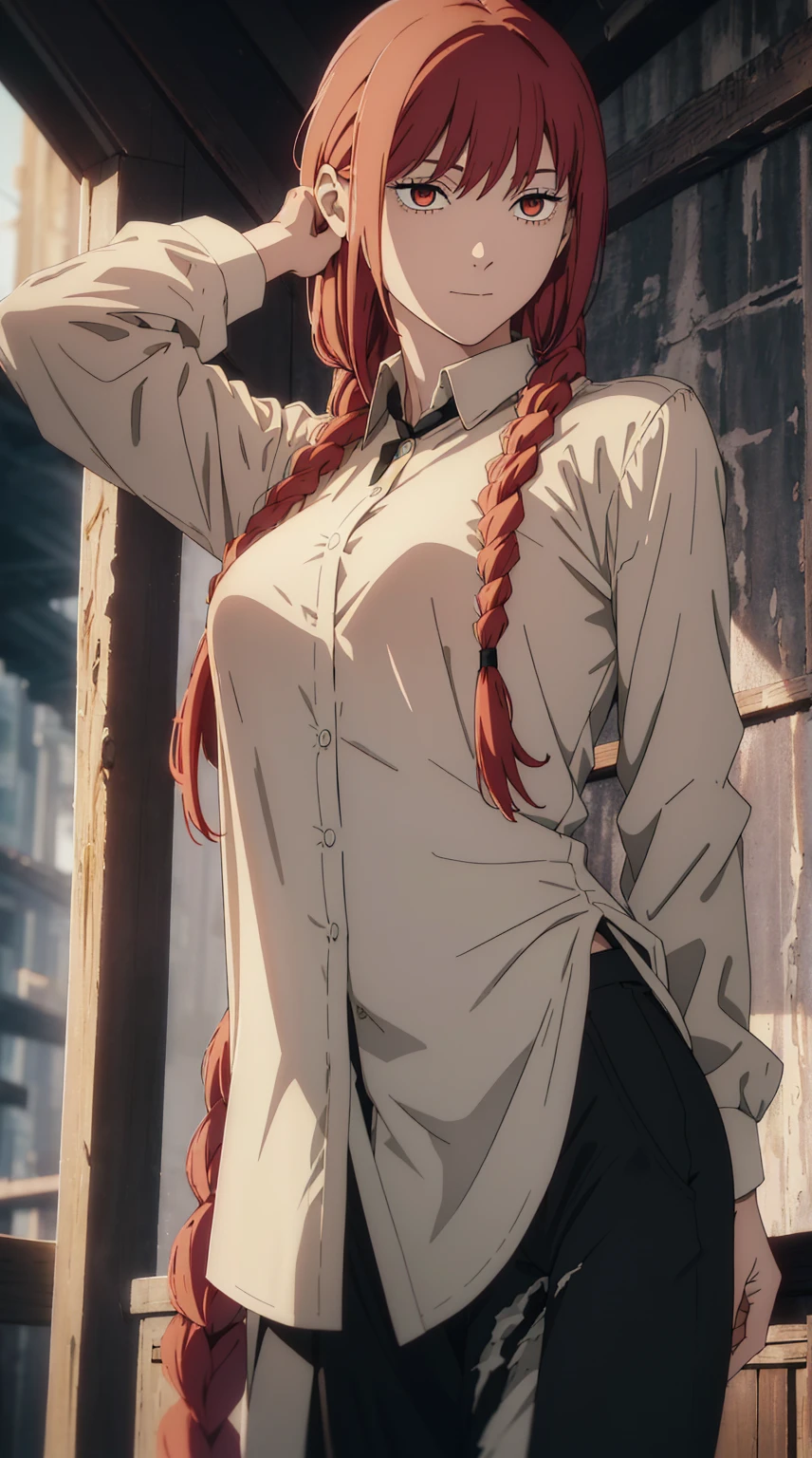 masterpiece,best quality, official art, extremely detailed CG unity 8k wallpaper, ((top quality, 8k, masterpiece: 1.3, ultra hd, high quality, best quality, high definition, ((realism)), sharp focus: 1.5,(Very detailed CG unity 8K wallpaper), Dark Cinematic Lighting, cinematic lighting, makima \(Chainsaw Man\),show off breast, torn clothes, Wearing a white shirt, Medium Breast ,Red hair, Long braided red hair, Long black trousers, dark background, standing Dynamic Pose, The best quality,