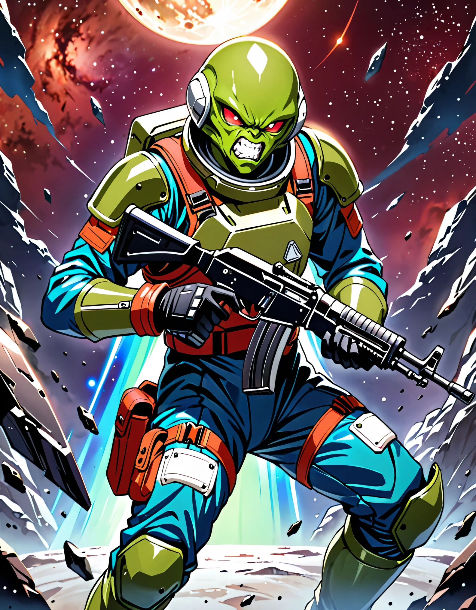 (masterpiece), (best quality), (hires), 1male, male focus, alien, extraterrestrial, (human face, angry, clenched teeth) ((green-skinned male)), solo, solo focus, An alien man in a dark blue military officer suit, spacesuit, helmet, holding a blaster rifle, ak-47, pouches, black combat boots, silver space armor, desolate moon background, warlike atmosphere, signaling to charge, dark red eyes, cowboy shot, black gloves, matching boots.