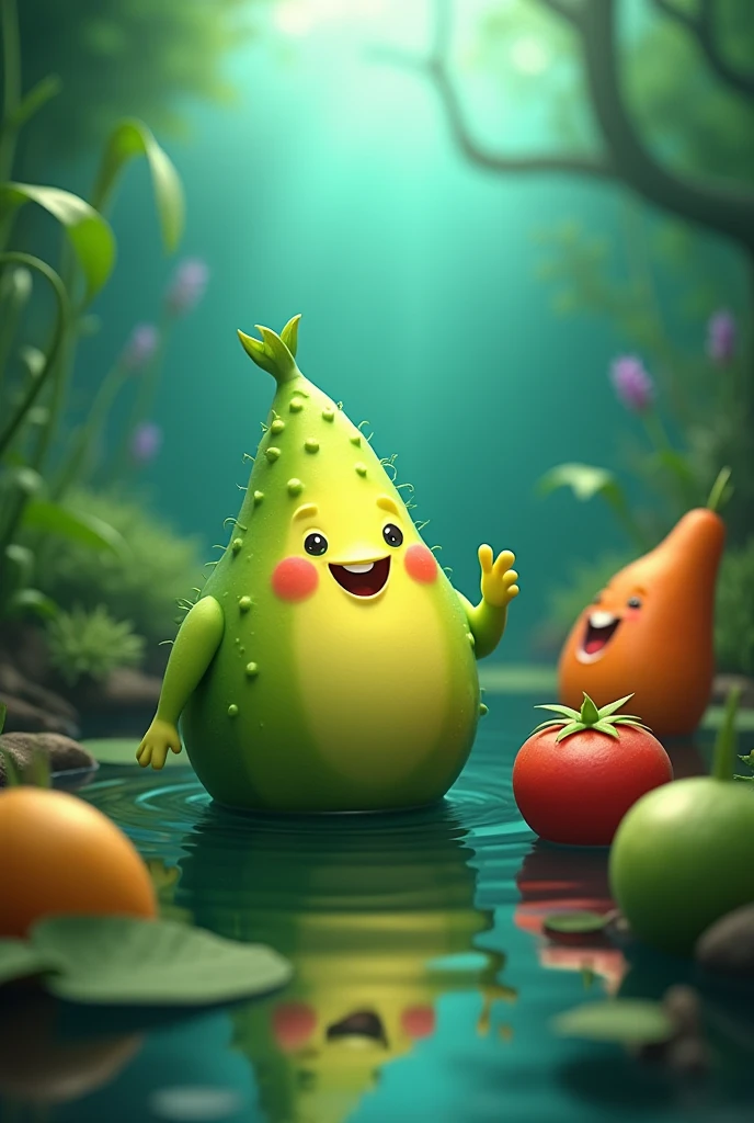 Generate an image of a happy chayote talking to other vegetables in the background with water