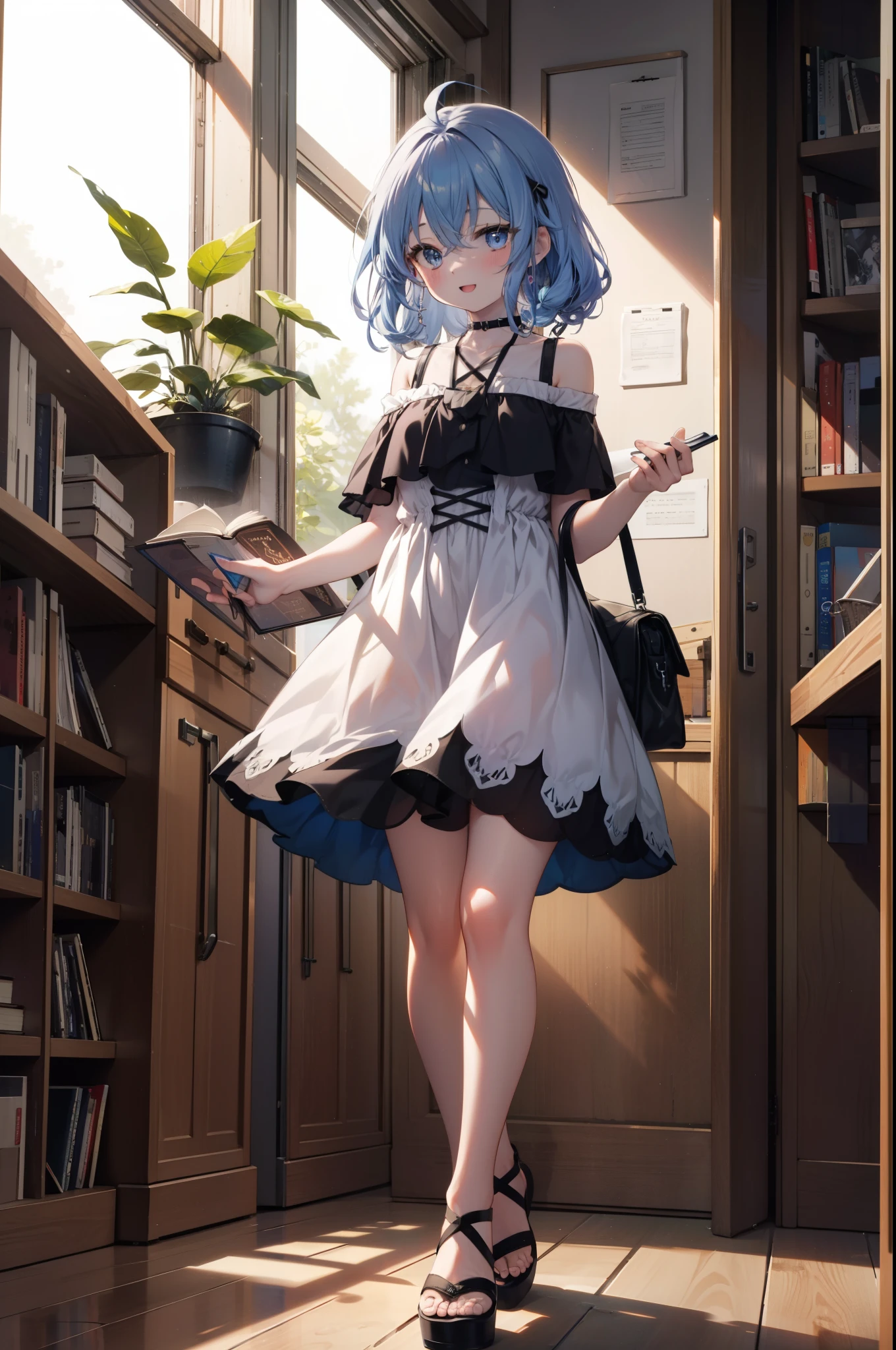 Roxymigurdia, Roxy, Ahoge, Black Ribbon, blue eyes, Blue Hair, Braiding, Hair between the eyes, Hair Ribbon, Long Hair, twin Braidings, very Long Hair, smile,blush,Open your mouth,Blue off-shoulder dress,bare clavicle,Bare neck,Bare shoulders,Rocket Pendant,Short sleeve,mini skirt,Cute heeled sandals,True Summer,Daytime,Clear skies,Walking,Bookshelf,Holding a book in both arms,whole bodyがイラストに入るように,
break looking at viewer,whole body,
break indoors,figure書館,
break (masterpiece:1.2), Highest quality, High resolution, unity 8k wallpaper, (figure:0.8), (Beautiful attention to detail:1.6), Highly detailed face, Perfect lighting, Highly detailed CG, (Perfect hands, Perfect Anatomy),