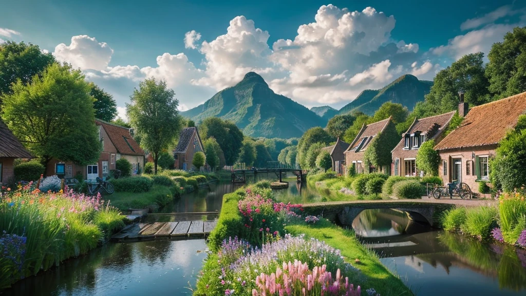 The ancient village of the Netherlands,  mystical nature, Rivers, Mountains and forests, waterfall, cloud, Photorealistic photos, It&#39;s not 8k. Aerial view.