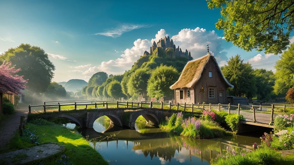 The ancient village of the Netherlands, mystical nature, Rivers, Mountains and forests, waterfall, cloud, Photorealistic photos, It's not 8k. Aerial view.