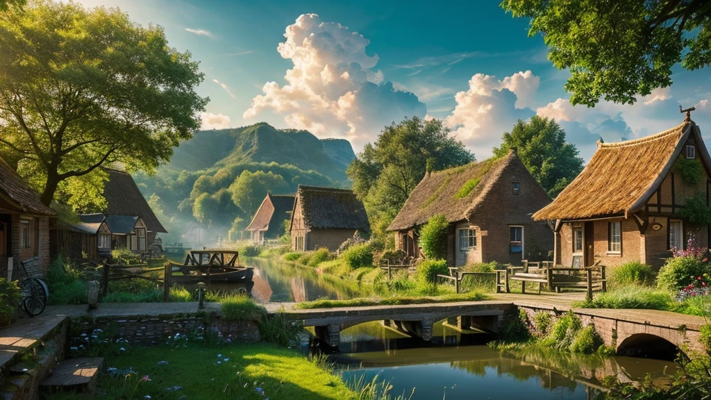 The ancient village of the Netherlands, mystical nature, Rivers, Mountains and forests, waterfall, cloud, Photorealistic photos, It's not 8k. Aerial view.
