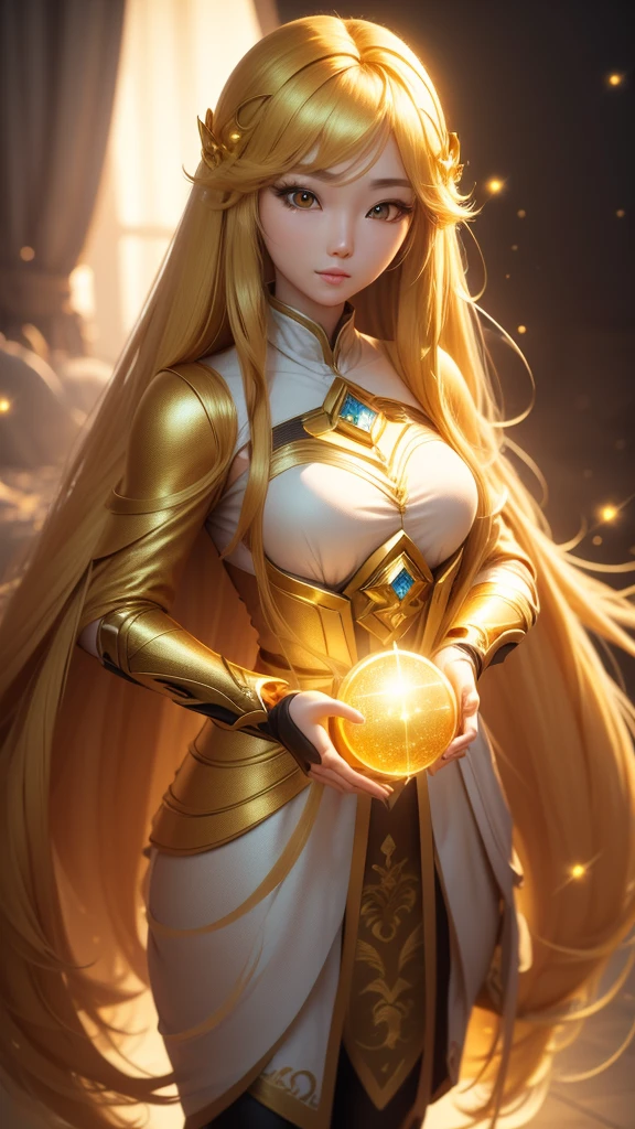 super realistic, super detailed, ultra HD graphics. high resolution. beautiful Korean girl with long hair, golden yellow. golden eyes emitting light.. face sparkling like diamonds. colorful. radiant.. enchanting. HD wallpaper.cosplay 3d game 3d