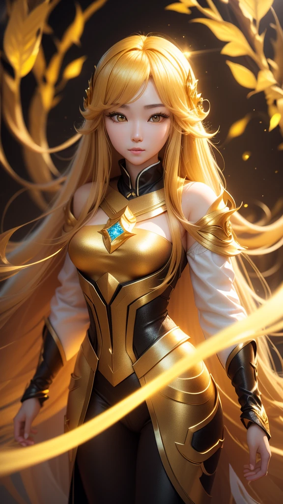super realistic, super detailed, ultra HD graphics. high resolution. beautiful Korean girl with long hair, golden yellow. golden eyes emitting light.. face sparkling like diamonds. colorful. radiant.. enchanting. HD wallpaper.cosplay 3d game 3d