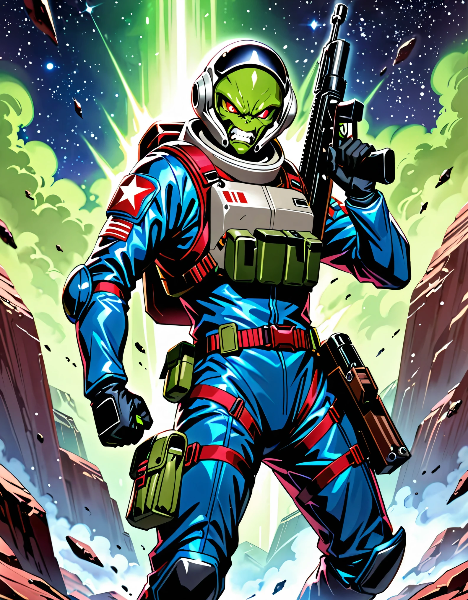 (masterpiece), (best quality), (hires), 1male, male focus, alien, extraterrestrial, (human face, angry, clenched teeth) ((green-skinned male)), solo, solo focus, An alien man in a dark blue military officer suit, spacesuit, helmet, holding a blaster rifle, ak-47, pouches, black combat boots, silver space armor, desolate moon background, warlike atmosphere, signaling to charge, dark red eyes, cowboy shot, black gloves, matching boots.