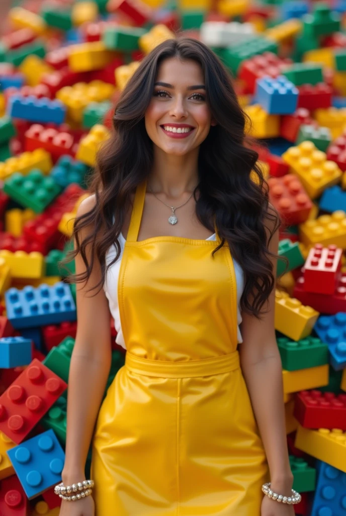 عکس واقعی و طبیعی. دختر خوشحال و شاد.Beautiful 26-year-old girl in straight and long black just a shiny yellow apron in the middle of a pile of legos in suspended space.. Excellent quality, high detail.    8k image,ducj shot,  low angle. This God view shot is detailed photo, beautiful Italian woman, prominent breast, clear breast curve.  لگو در اطرافش در بک گراند و در فورگراندCovered in lego anklets, lego, and lego, she poses in lego as she laughs. 
  (masterpiece, award-winning work of art)
  High detail, extreme lego, full of details,