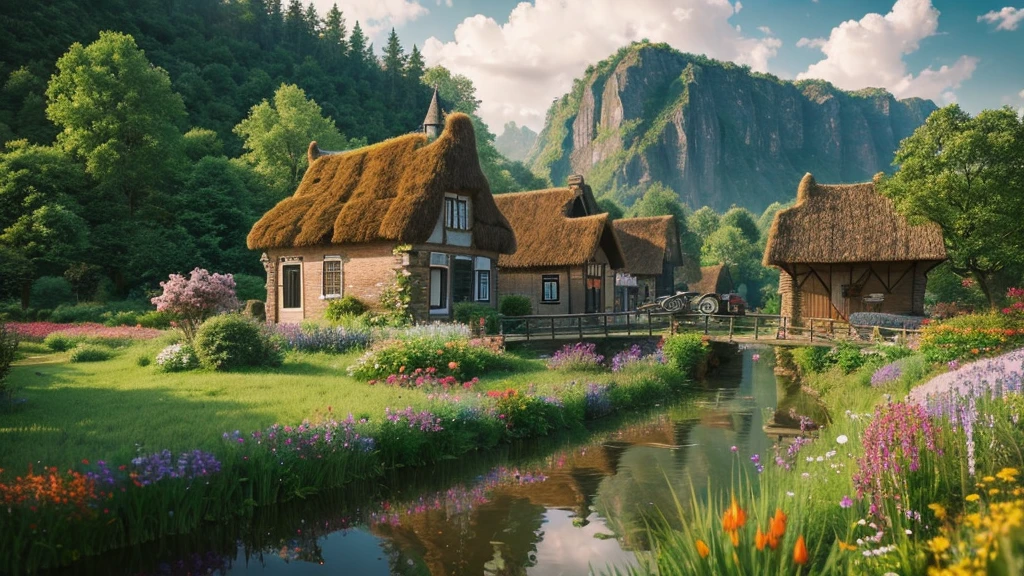 The ancient village of the Netherlands,  mystical nature, Rivers, Mountains and forests, waterfall, cloud, Photorealistic photos, It&#39;s not 8k. Aerial view.