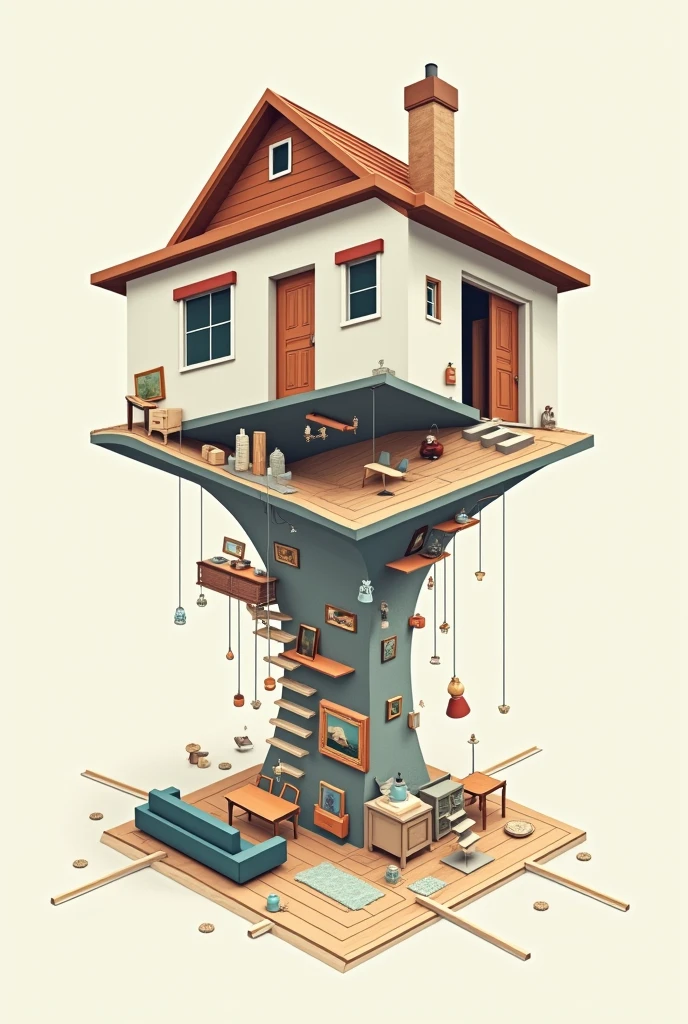 Vector image. Axonometry of the house. House under renovation, wallpaper on the walls, parquet on the floor. House turned upside down, from which all the furniture that stood on the floor fell out, for example, a sofa, table, chairs, paintings, carpet