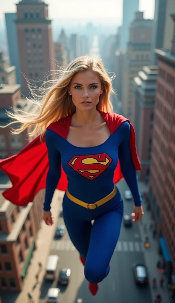 ultra realistic, photography, long straight blonde hair, (wavy elegant hair, blue eyes, perfect round lips, 30 years old, gorgeous face, voluptuous figure, perfect fit body, big enhanced breasts), Long eyelashes, ((best quality, 8 thousand, masterpiece:1.4)), Highly detailed face and skin textures, detailed eyes, she is wearing a tight and sexy Supergirl costume and flying through the Streets of Manhattan, full body picture