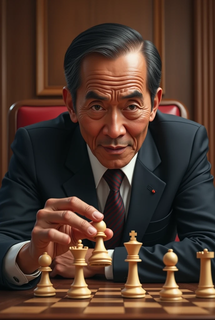 a president of Indonesia "Jokowi dodo" is playing chess lifting a chess piece and sly smile