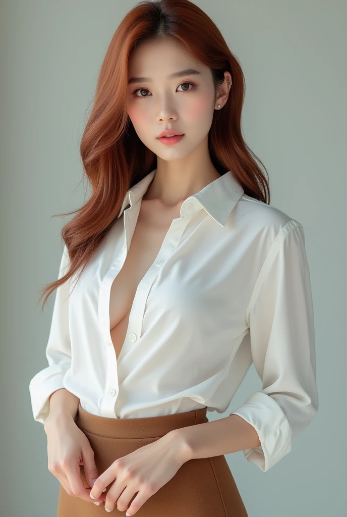8k, RAW photo, top quality, masterpiece: 1.2), extremely detailed, super high resolution, (real, real photo: 1.37), portrait, high definition RAW color photo, professional photo, very detailed and beautiful, very detailed, 8k wallpaper, great detail, large file size, official art, very detailed CG Unity 8k wallpaper, very detailed beautiful girl, very detailed face, very detailed eyes, very detailed skin, very detailed fingers, very detailed nose, very detailed mouth, very beautiful face and eyes, ((full body)), beautiful woman in the office, big breasts, well-proportioned body, Korean girl, reddish brown hair, white skin, brown short skirt, white shirt, unbuttoned shirt