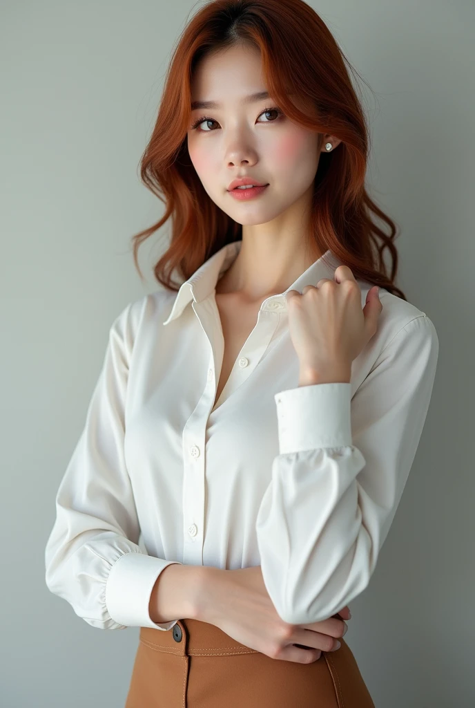 8k, RAW photo, top quality, masterpiece: 1.2), extremely detailed, super high resolution, (real, real photo: 1.37), portrait, high definition RAW color photo, professional photo, very detailed and beautiful, very detailed, 8k wallpaper, great detail, large file size, official art, very detailed CG Unity 8k wallpaper, very detailed beautiful girl, very detailed face, very detailed eyes, very detailed skin, very detailed fingers, very detailed nose, very detailed mouth, very beautiful face and eyes, ((full body)), beautiful woman in the office, big breasts, well-proportioned body, Korean girl, reddish brown hair, white skin, brown short skirt, white shirt, unbuttoned shirt