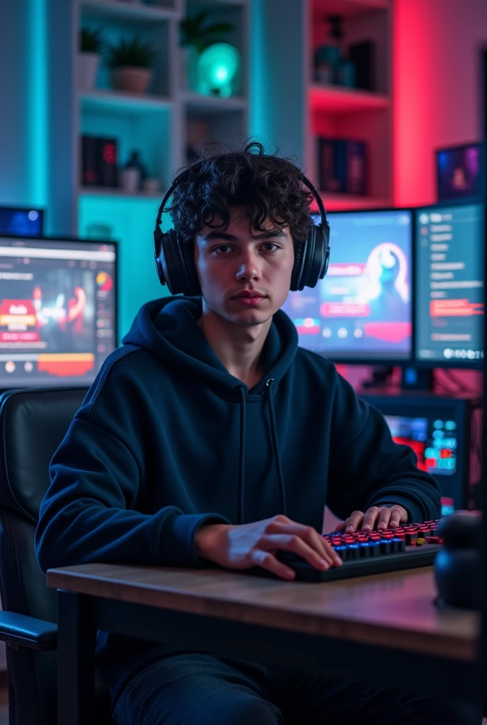 High quality photography, of a 19-year-old sitting in a gamer room, with computers and on the screens you can see the name GilbertoHack1 