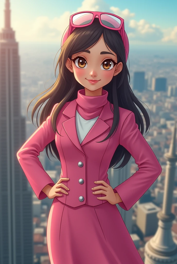 1:3 portrait. Hijab girl pink suit dress. Wear safety. glasses google pink on top of her head. 15 year old. Indonesia Malaysia girl.jump on very high place.  Very strong punch. Heroin. Show t her strong arm. Strong pose. One hand on waist. Cute smile. Brown eyes. Big eyes. Detail . Gorgeous.