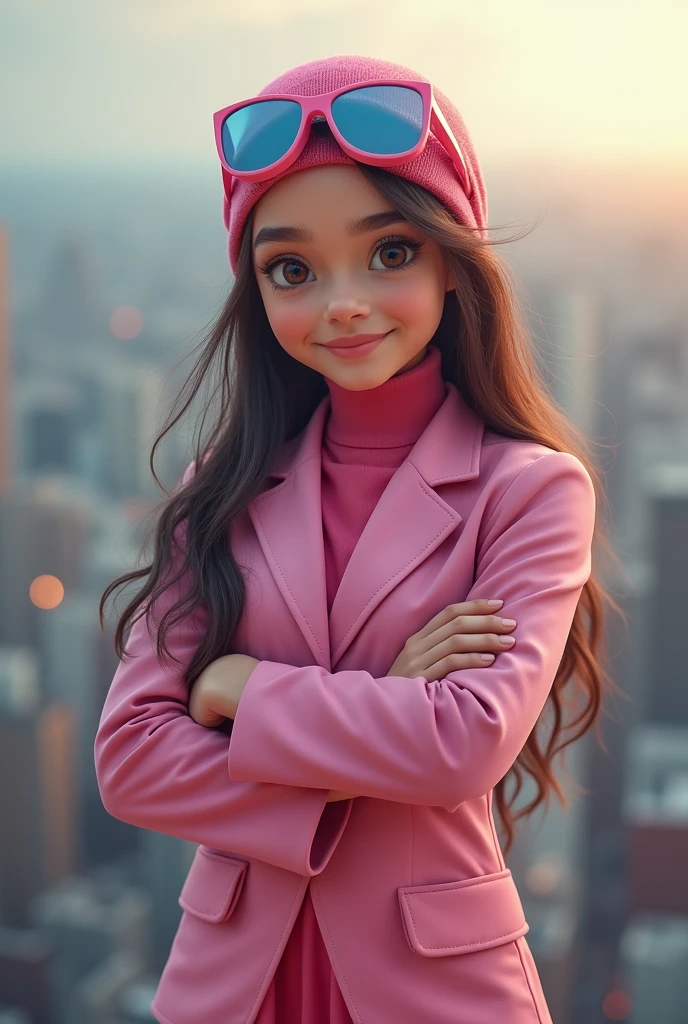1:3 portrait. Hijab girl pink suit dress. Wear safety. glasses google pink on top of her head. 15 year old. Indonesia Malaysia girl.jump on very high place.  Very strong punch. Heroin. Show t her strong arm. Strong pose. One hand on waist. Cute smile. Brown eyes. Big eyes. Detail . Gorgeous.