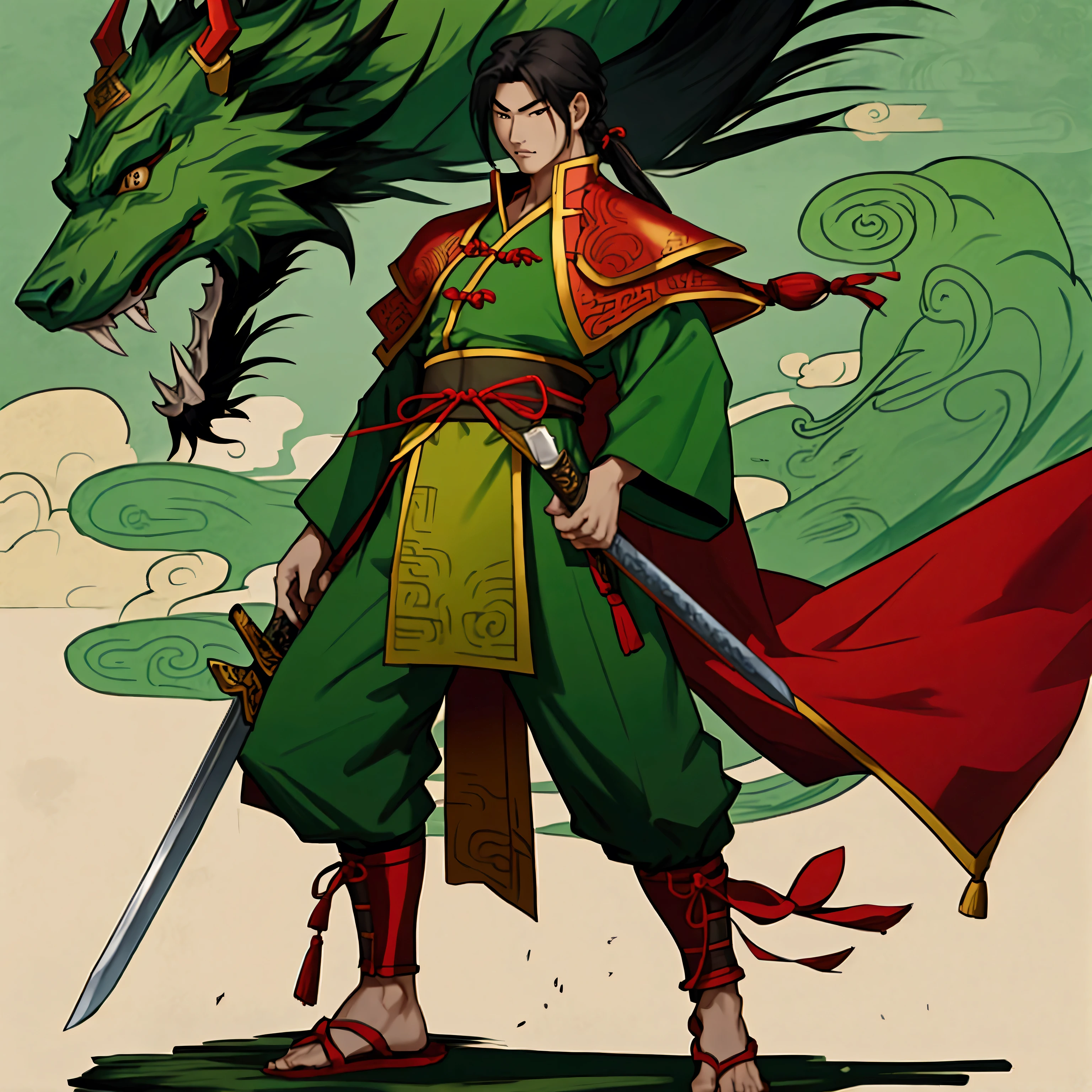 Cao Cao,man,Wearing Chinese warrior costume,holding a sword,stand,Put on the green Chinese warrior shoes
