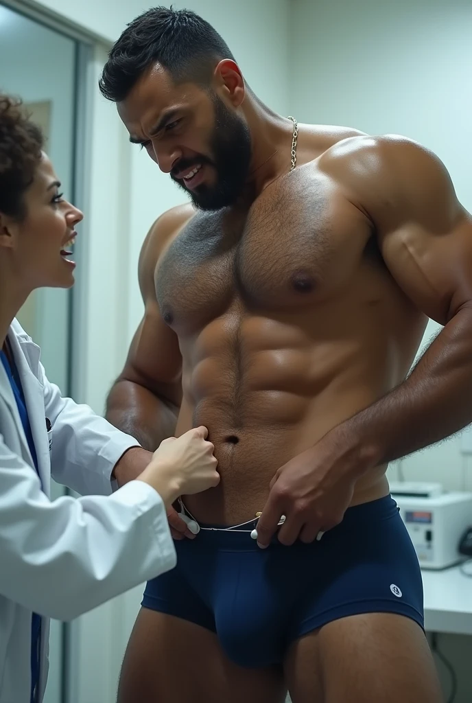 Strong, hairy mixed race man in navy blue underwear having his underwear ripped open by an angry female doctor.