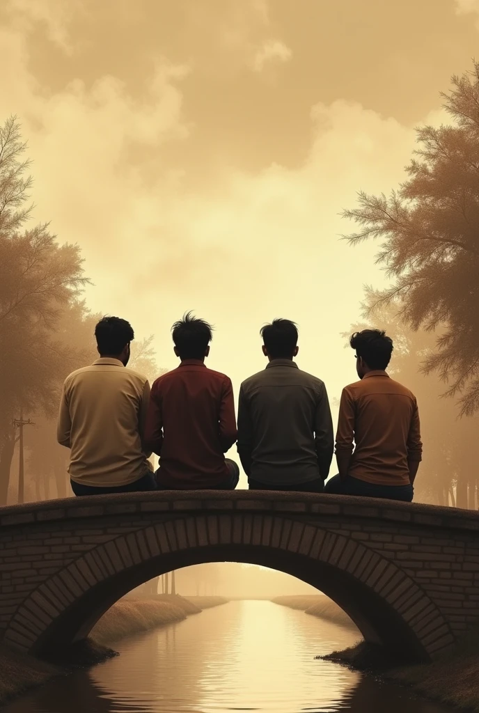 Creat an image of four friends
1st one name is Hamza ,his height is 6.1
Other name is zeshan ,his height is about to 6.4
Thrid one is Ahmad 6.0
Fourth is talha height is 5.11
Standing on the bridge of the canal
Without showing their faces
Make image vintage in brown
Shwoing their back side
The weather was cloudy
and they are sitting on the bridge
The canal was beside the village