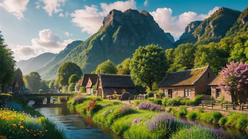The ancient village of the Netherlands,  mystical nature, Rivers, Mountains and forests, waterfall, cloud, Photorealistic photos, It&#39;s not 8k. Aerial view.