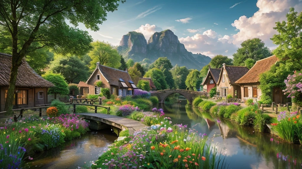 The ancient village of the Netherlands, mystical nature, Rivers, Mountains and forests, waterfall, cloud, Photorealistic photos, It's not 8k. Aerial view.