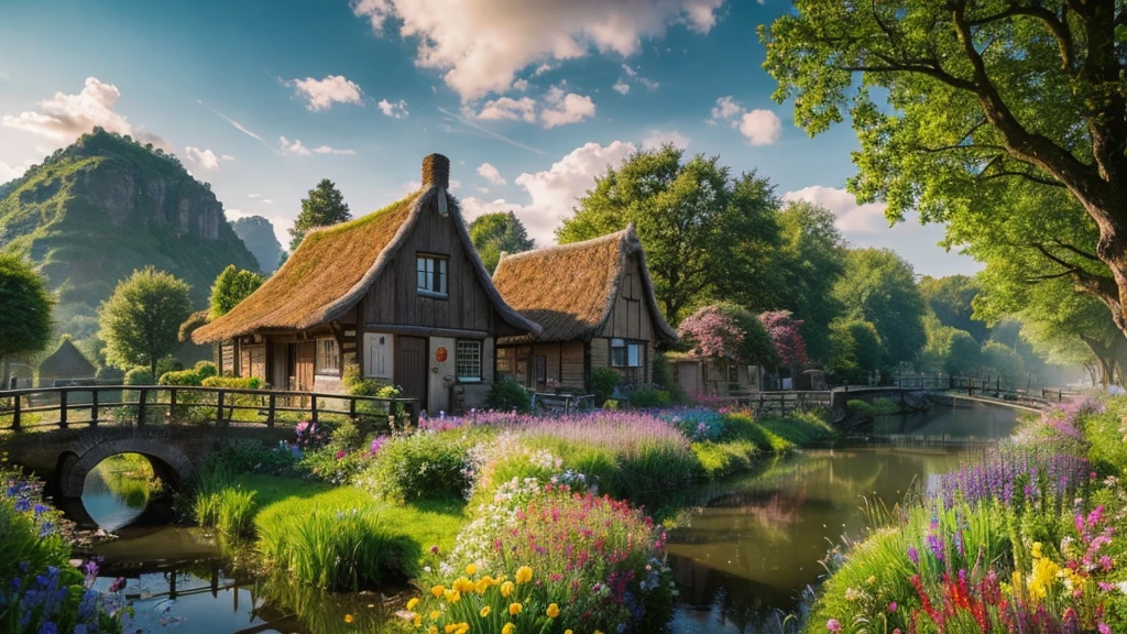 The ancient village of the Netherlands, mystical nature, Rivers, Mountains and forests, waterfall, cloud, Photorealistic photos, It's not 8k. Aerial view.
