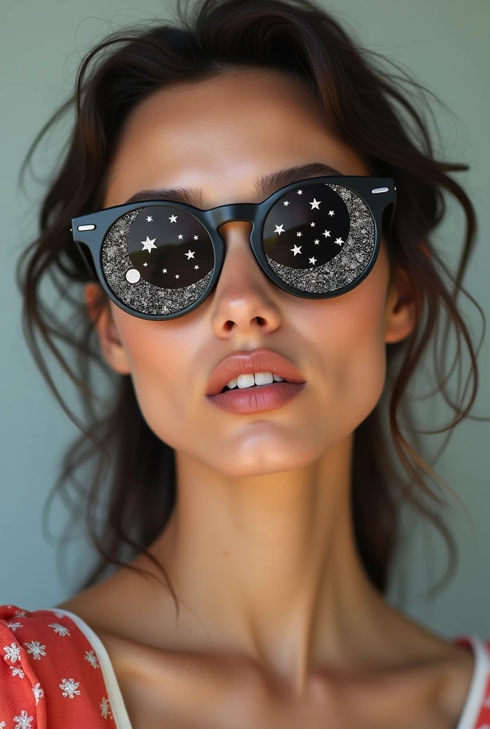 The model is wearing glass sunglasses with stars and the moon on the glass