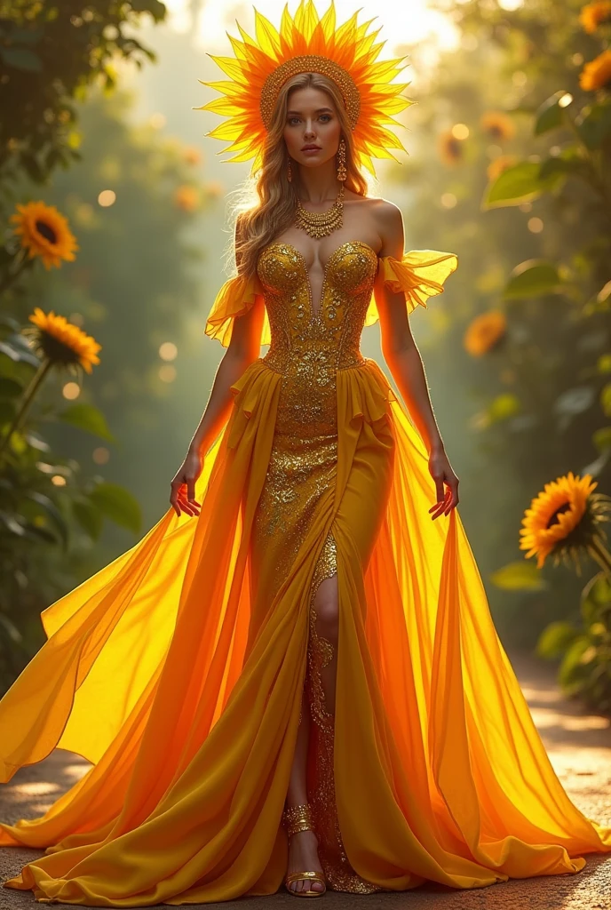 Create me a feminine spring outfit/summer, that it is extravagant and that it is based on the sunflower, full body and front view.
