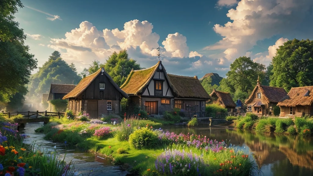 The ancient village of the Netherlands, mystical nature, Rivers, Mountains and forests, waterfall, cloud, Photorealistic photos, It's not 8k. Aerial view.