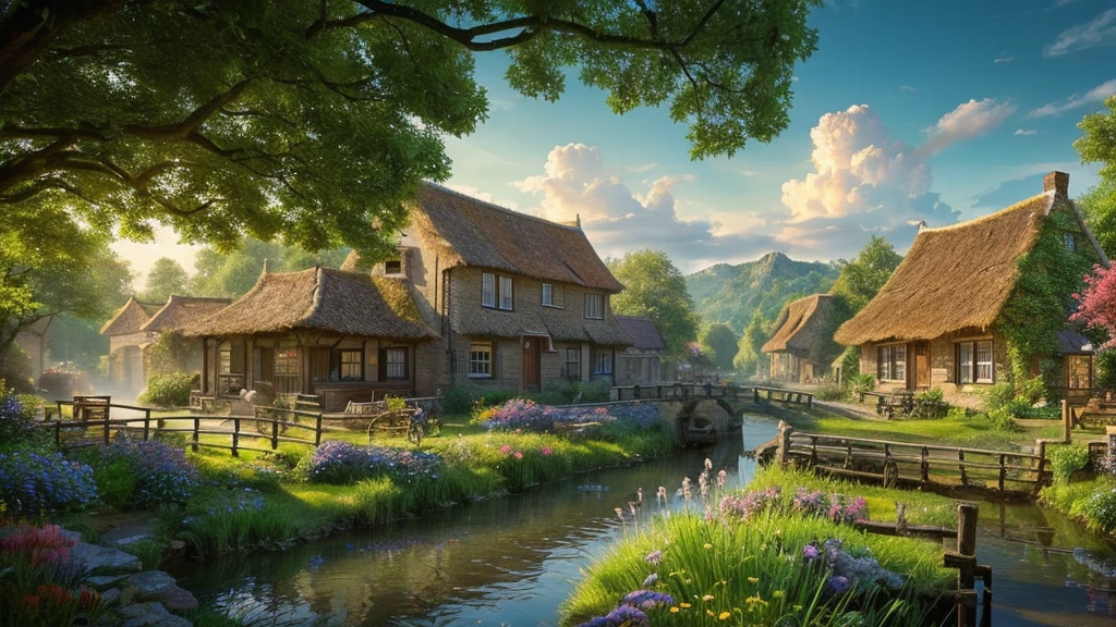 The ancient village of the Netherlands, mystical nature, Rivers, Mountains and forests, waterfall, cloud, Photorealistic photos, It's not 8k. Aerial view.