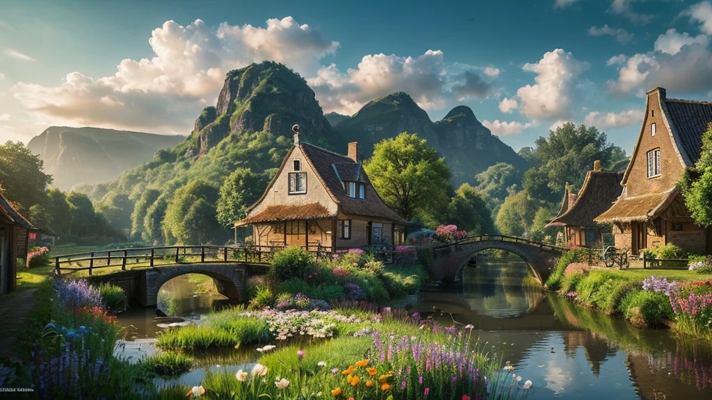The ancient village of the Netherlands, mystical nature, Rivers, Mountains and forests, waterfall, cloud, Photorealistic photos, It's not 8k. Aerial view.