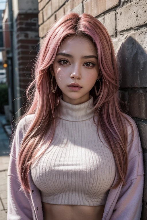 (masterpiece, best quality, 1girl, solo, Mexican girl, latina, intricate details, chromatic aberration), realistic, ((medium breath)),long hair, pink hair, red head ornament, pink highlights, hair over one eye,purple eyes, earrings, sharp eyes, choker, neon shirt, open jacket, crop turtleneck sweater,open waist,(perfect symmetrical body),against wall, brick wall, graffiti, dim lighting, alley ,look at viewer