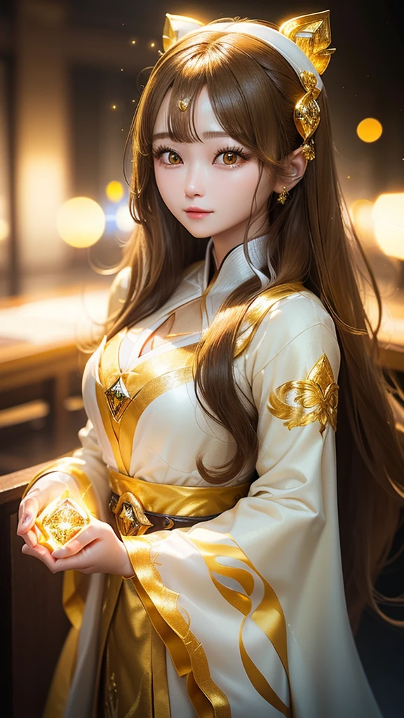 super realistic, super detailed, ultra HD graphics. high resolution. beautiful Korean girl with long hair, golden yellow. golden eyes emitting light.. face sparkling like diamonds. colorful. radiant.. enchanting. HD wallpaper.cosplay 3d game 3d