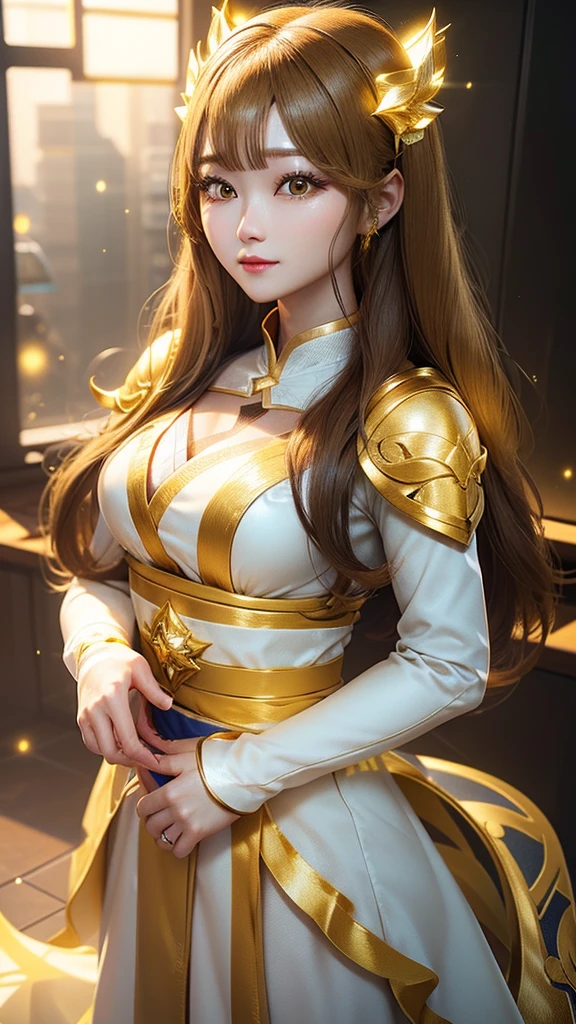 super realistic, super detailed, ultra HD graphics. high resolution. beautiful Korean girl with long hair, golden yellow. golden eyes emitting light.. face sparkling like diamonds. colorful. radiant.. enchanting. HD wallpaper.cosplay 3d game 3d