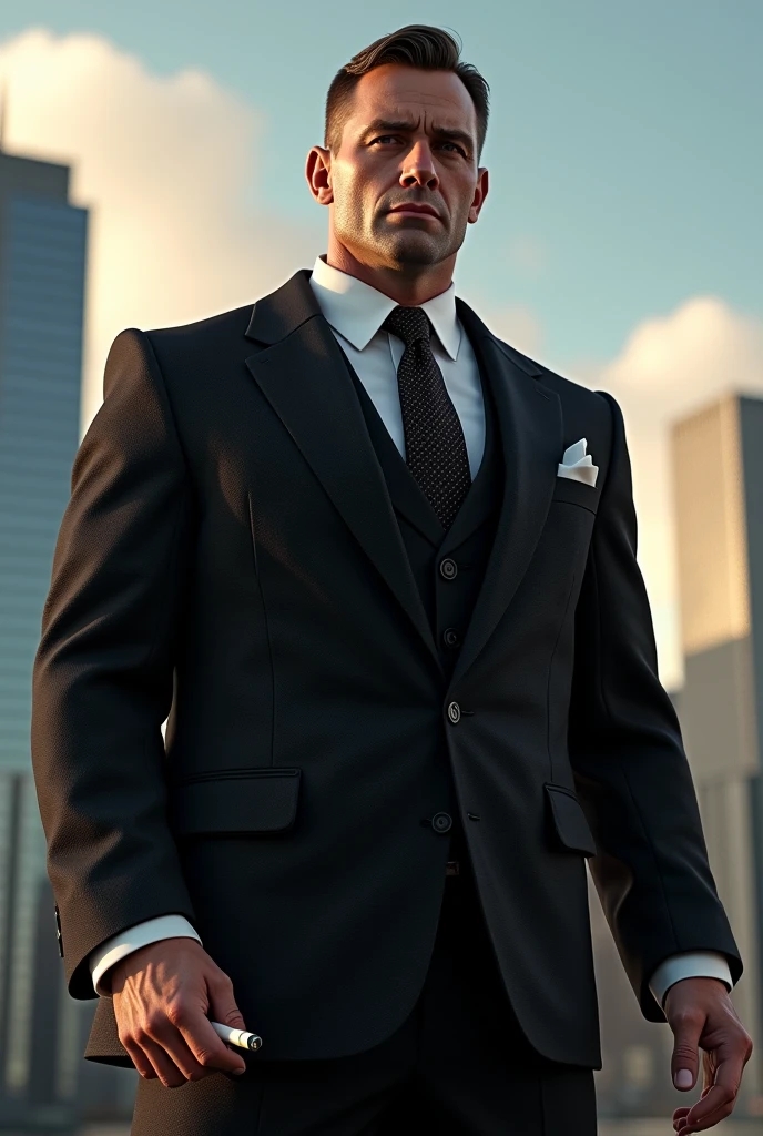 1 man, solo, tall, James bond, arabic, hunk, muscular, bulk, wide shoulder, photorealism, best quality, masterpiece, high resolution:1.2, high detailed suit, high detailed face, award winning, city background. Close look, tensed face, detailed facial lines, with smoking