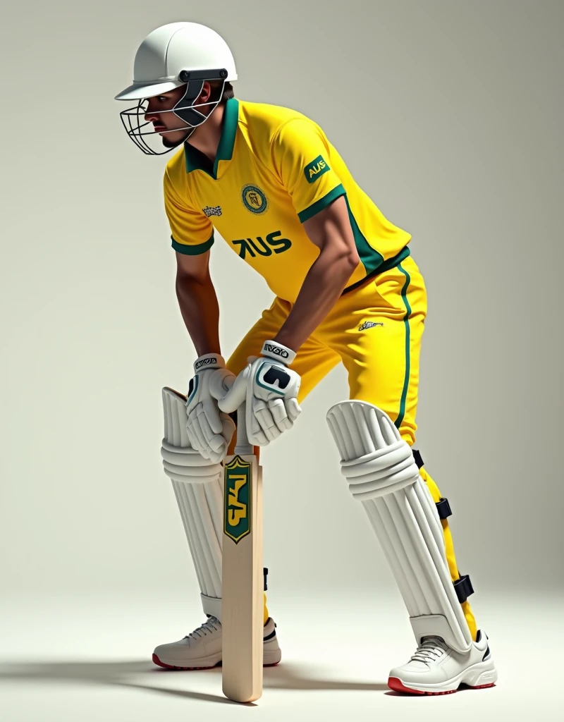 Give me a yellow jersey with AUS written on it. Wearing white sneakers. A cricket player with a helmet, leaning forward with both knees bent, holding a cricket bat horizontally with both hands placed 20 cm above the knees.，Showing the side profile of a cricket player，顶光drop shadow, anaglyph, stereogram, tachi-e, ass pov, atmospheric perspective, 8k, super detail, best quality