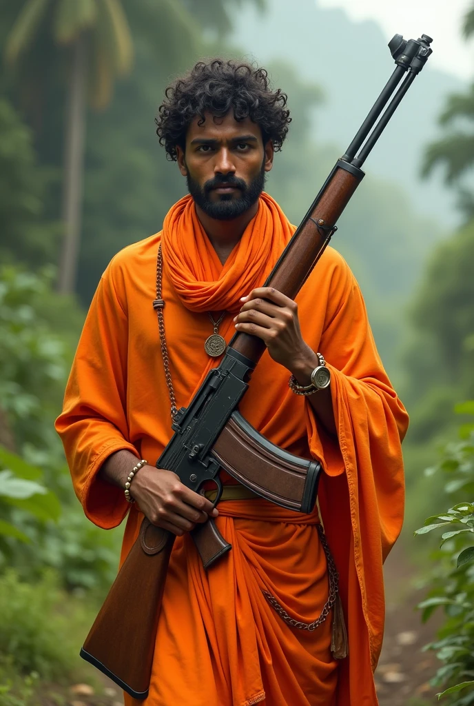 Hindu boy in saffron clothes with gun